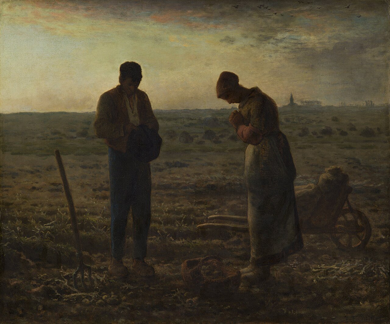 O Angelus, pintura de Jean-François Millet (1857–1859): um camponês e uma camponesa param no campo, de cabeça inclinada, para rezar ao toque do sino ao entardecer