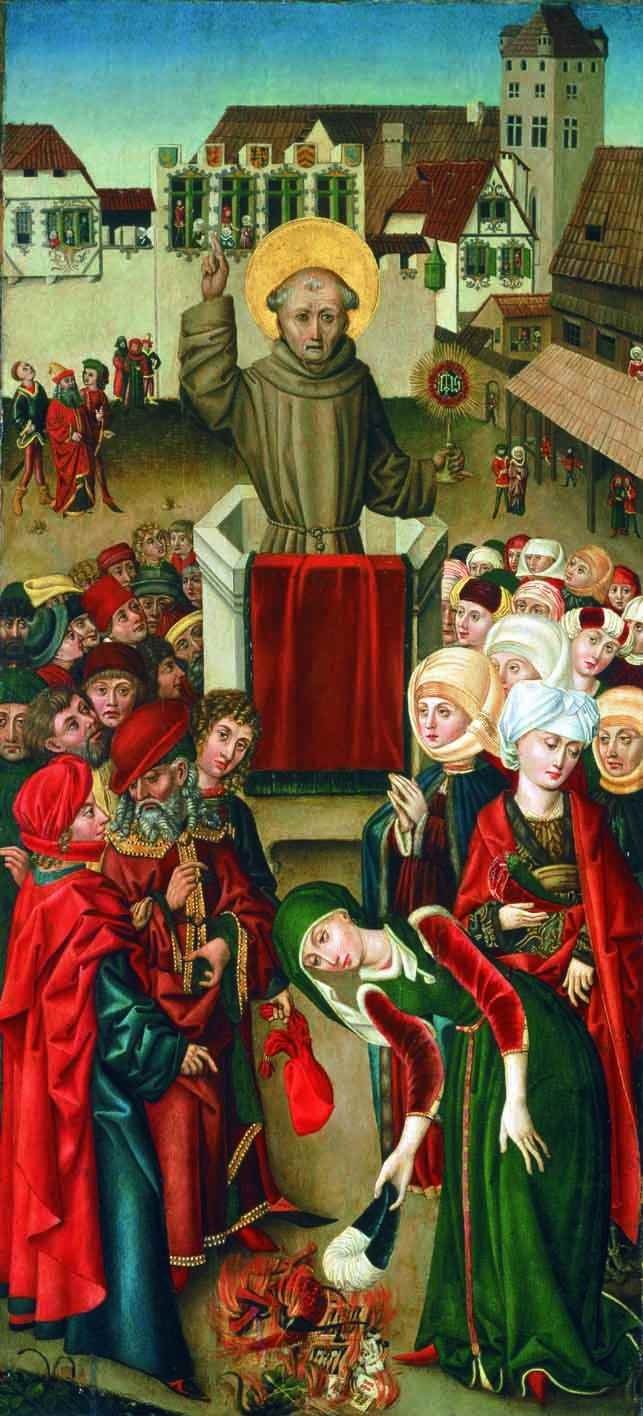 São João de Capistrano pregando em praça pública, com o monograma de Cristo na mão, enquanto fiéis lançam objetos de vaidade ao fogo; pintura em painel da escola franco-bamberguense, século XV
