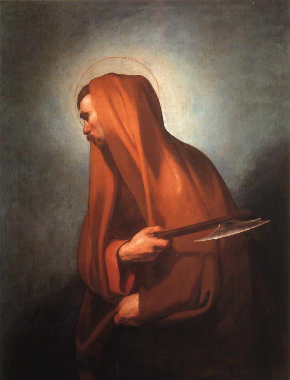 São Judas Tadeu, pintura de José de Ribera (século XVII): o apóstolo com manto vermelho, auréola e um machado na mão